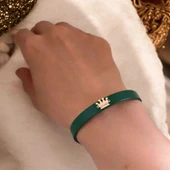 14 Ayar Altın Plakalı İsme Özel Taç Motifli Doğal Yeşil Derili Hediye Bileklik-504 thumbnail 2