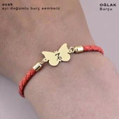 14 Ayar Altın Plakalı Doğum Ayına Özel Kelebek Figürlü Doğal Turuncu Derili Hediye Bileklik-502 thumbnail 4