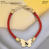 14 Ayar Altın Plakalı Burca Özel Kelebek Figürlü Doğal Turuncu Derili Hediye Bileklik-502 thumbnail 1