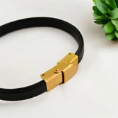 14 Ayar Altın Plakalı Harfe Özel Doğal Siyah Derili Taç Figürlü Hediye Bileklik-503 thumbnail 4
