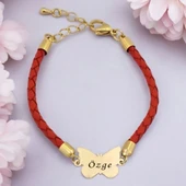 14 Ayar Altın Plakalı İsme Özel Kelebek Figürlü Doğal Turuncu Derili Hediye Bileklik-502 thumbnail 1