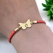 14 Ayar Altın Plakalı Harfe Özel Kelebek Figürlü Doğal Turuncu Derili Hediye Bileklik-502 thumbnail 4