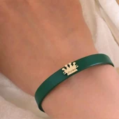 14 Ayar Altın Plakalı İsme Özel Taç Motifli Doğal Yeşil Derili Hediye Bileklik-504 thumbnail 4