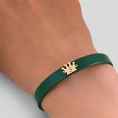 14 Ayar Altın Plakalı Harfe Özel Doğal Yeşil Derili Taç Motifli Hediye Bileklik-504 thumbnail 4