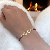14 Ayar Altın Plakalı Harfe Özel Mor İpek Örgülü Sonsuzluk ve Kelebek Figürlü Hediye Bileklik-505 thumbnail 2