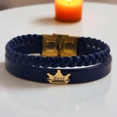 14 Ayar Altın Plakalı İsme Özel Taç Motifli Hakiki Lacivert Derili Hediye Bileklik-506 thumbnail 1