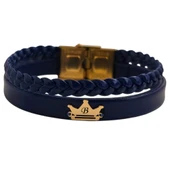 14 Ayar Altın Plakalı Harfe Özel Hakiki Lacivert Derili Taç Motifli Hediye Bileklik-506 thumbnail 1