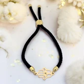 14 Ayar Altın Plakalı Harfe Özel Siyah İpek Örgülü Hamsa Figürlü Hediye Bileklik-509 thumbnail 1