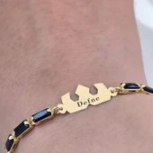 14 Ayar Altın Plakalı İsme Özel Taç Motifli Siyah Taş Desenli Altın Renkli Zincirli Hediye Bileklik-510 thumbnail 3