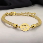 14 Ayar Altın Plakalı İsme Özel Kalp Detaylı Oval Motifli Hasır Kordonlu Hediye Bileklik-508 thumbnail 1