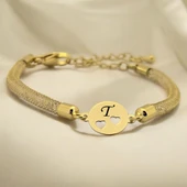 14 Ayar Altın Plakalı Harfe Özel Hasır Kordonlu Kalp Detaylı Oval Motifli Hediye Bileklik-508 thumbnail 1