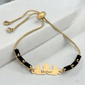 14 Ayar Altın Plakalı İsme Özel Taç Motifli Siyah Taş Desenli Altın Renkli Zincirli Hediye Bileklik-510 thumbnail 1