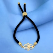 14 Ayar Altın Plakalı İsme Özel Hamsa Figürlü Siyah İpek Örgülü Hediye Bileklik-509 thumbnail 1