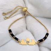 14 Ayar Altın Plakalı Harfe Özel Siyah Taş Desenli Taç Motifli Altın Renkli Zincirli Hediye Bileklik-510 thumbnail 1