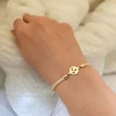 14 Ayar Altın Plakalı Harfe Özel Hasır Kordonlu Kalp Detaylı Oval Motifli Hediye Bileklik-508 thumbnail 2