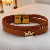 14 Ayar Altın Plakalı Harfe Özel Doğal Kahverengi Derili Taç Figürlü Hediye Bileklik-511 thumbnail 1