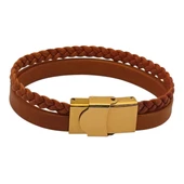 14 Ayar Altın Plakalı Harfe Özel Doğal Kahverengi Derili Taç Figürlü Hediye Bileklik-511 thumbnail 4