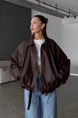 Kadın Oversize Deri Ceket– Oversize Relax Fit, Fermuarlı Kemer Detaylı Günlük Kadın Ceket - 4