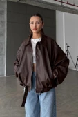 Kadın Oversize Deri Ceket– Oversize Relax Fit, Fermuarlı Kemer Detaylı Günlük Kadın Ceket - 2
