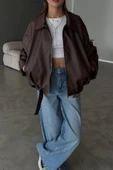 Kadın Oversize Deri Ceket– Oversize Relax Fit, Fermuarlı Kemer Detaylı Günlük Kadın Ceket - 3