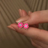 ​925 Ayar Gümüş Fosforlu Pembe Yonca Küpe thumbnail 3