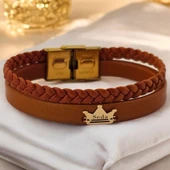 14 Ayar Altın Plakalı İsme Özel Taç Figürlü Doğal Kahverengi Derili Hediye Bileklik-511 thumbnail 1