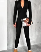 Kadın Uzun Kollu V Yaka Parmak Geçirmeli Detay Kaşkorse Tulum - 1