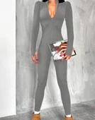 Kadın Uzun Kollu V Yaka Baş Parmak Geçirmeli Detay Kaşkorse Tulum - 3