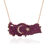 925 Ayar Gümüş Rose Ay Yıldız Türkiye Haritası Kadın Kolye thumbnail 2