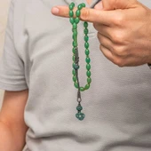 Gümüş Kazaz Püsküllü Yeşil Sıkma Kehribar Tesbih - 3