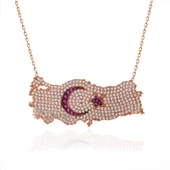 925 Ayar Gümüş Rose Ay Yıldız Türkiye Haritası Kadın Kolye thumbnail 3