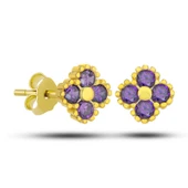 Gümüş Gold Yonca Çivili Mor Taşlı Çocuk Küpe thumbnail 1