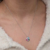 Gümüş Renkli Taşlı Kalp Figürlü Yonca Kolye thumbnail 5