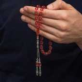 Gümüş Püsküllü Ateş Kehribar Tesbih - 2