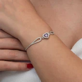 Gümüş Mor Zirkon Taşlı Kalp Bileklik thumbnail 4