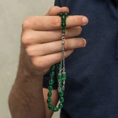 Gümüş Püsküllü Yeşil Ateş Kehribar Tesbih - 4