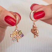 Gümüş Rose Renkli Taşlı Hayat Ağacı Kadın Küpe - 5