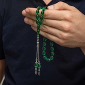 Gümüş Püsküllü Yeşil Ateş Kehribar Tesbih - 3