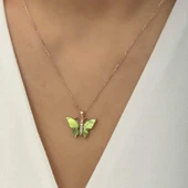 Gümüş Rose Yeşil Kaplangözü Taşlı Kelebek Kolye thumbnail 4