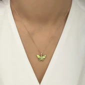 Gümüş Rose Yeşil Kaplangözü Taşlı Kelebek Kolye thumbnail 3