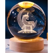 Dekoratif Ay İçinde Unicorn Tasarımlı Ahşap Altlıklı Işıklı Cam Küre Cam:8cm Ahşap:2cm Büyük Boy - 1