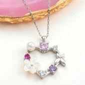 Gümüş Kalp Manolya Çiçeği Kelebek Kadın Kolye thumbnail 1