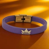 14 Ayar Altın Plakalı İsme Özel Taç Figürlü Doğal Mor Derili Hediye Bileklik-513 thumbnail 1