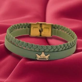 14 Ayar Altın Plakalı İsme Özel Taç Motifli Doğal Yeşil Derili Hediye Bileklik-512 thumbnail 1