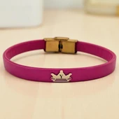 14 Ayar Altın Plakalı Harfe Özel Doğal Pembe Derili Taç Motifli Hediye Bileklik-514 thumbnail 1