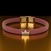 14 Ayar Altın Plakalı İsme Özel Taç Figürlü Koyu Pembe Derili Hediye Bileklik-515 thumbnail 1