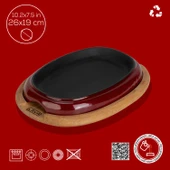 Lava Döküm Oval Fajita Tabağı Kayın Servis Ahşabı Ölçü 26x19cm.-Bordo - 4