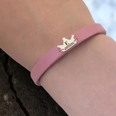 14 Ayar Altın Plakalı Harfe Özel Koyu Pembe Derili Taç Figürlü Hediye Bileklik-515 thumbnail 3