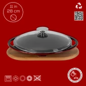Lava Döküm Yuvarlak Saç Kavurma Tavası Döküm Demir Yekpare Çift Kulplu Cam Kapaklı Kayın Servis Ahşabı Çap(Ø)28cm.-Bordo thumbnail 4