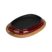 Lava Döküm Oval Fajita Tabağı Kayın Servis Ahşabı Ölçü 26x19cm.-Bordo - 2
